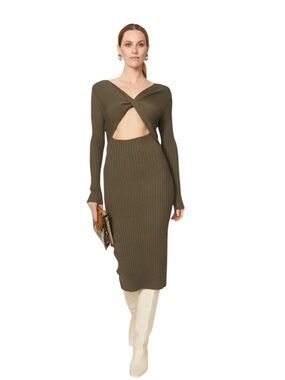 Ramy Brook - Pilar Cutout Sweater Dress Olive Green Ribbed Midi Cashmere Blend L